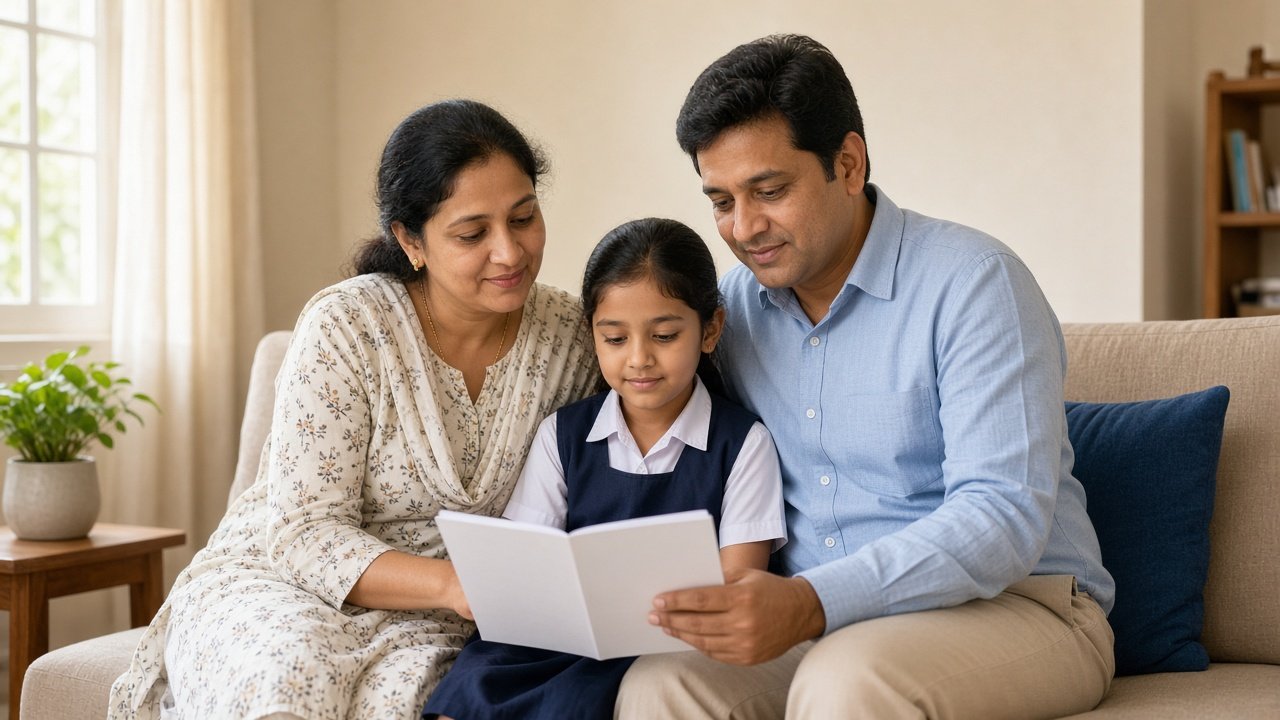 Parents and a daughter sitting together and reading a booklet at home.