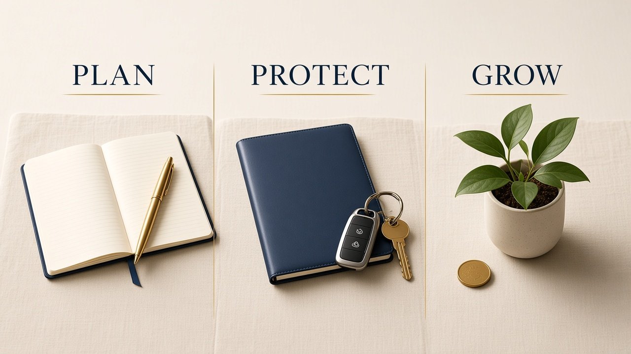 Three groups labeled Plan, Protect, and Grow: a notebook and pen, a folder with a car key and a house key, and a plant with a coin.