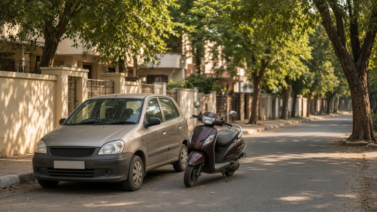A car and a scooter parked on a quiet residential street.
