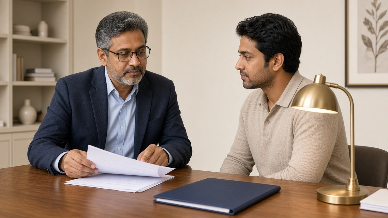 An advisor and a client looking at papers across a desk.
