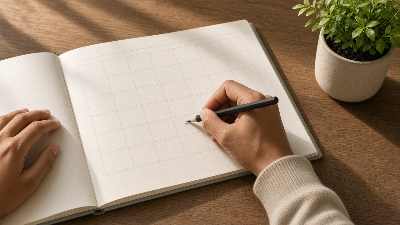Hands marking a monthly planner beside a small plant.